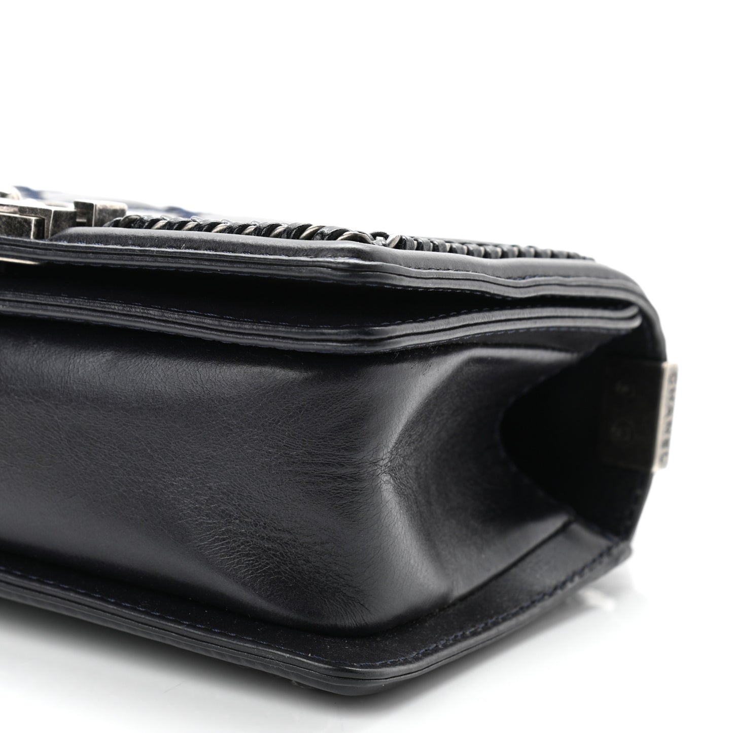 Shiny Goatskin Quilted Small Boy Top Handle Flap Navy Blue