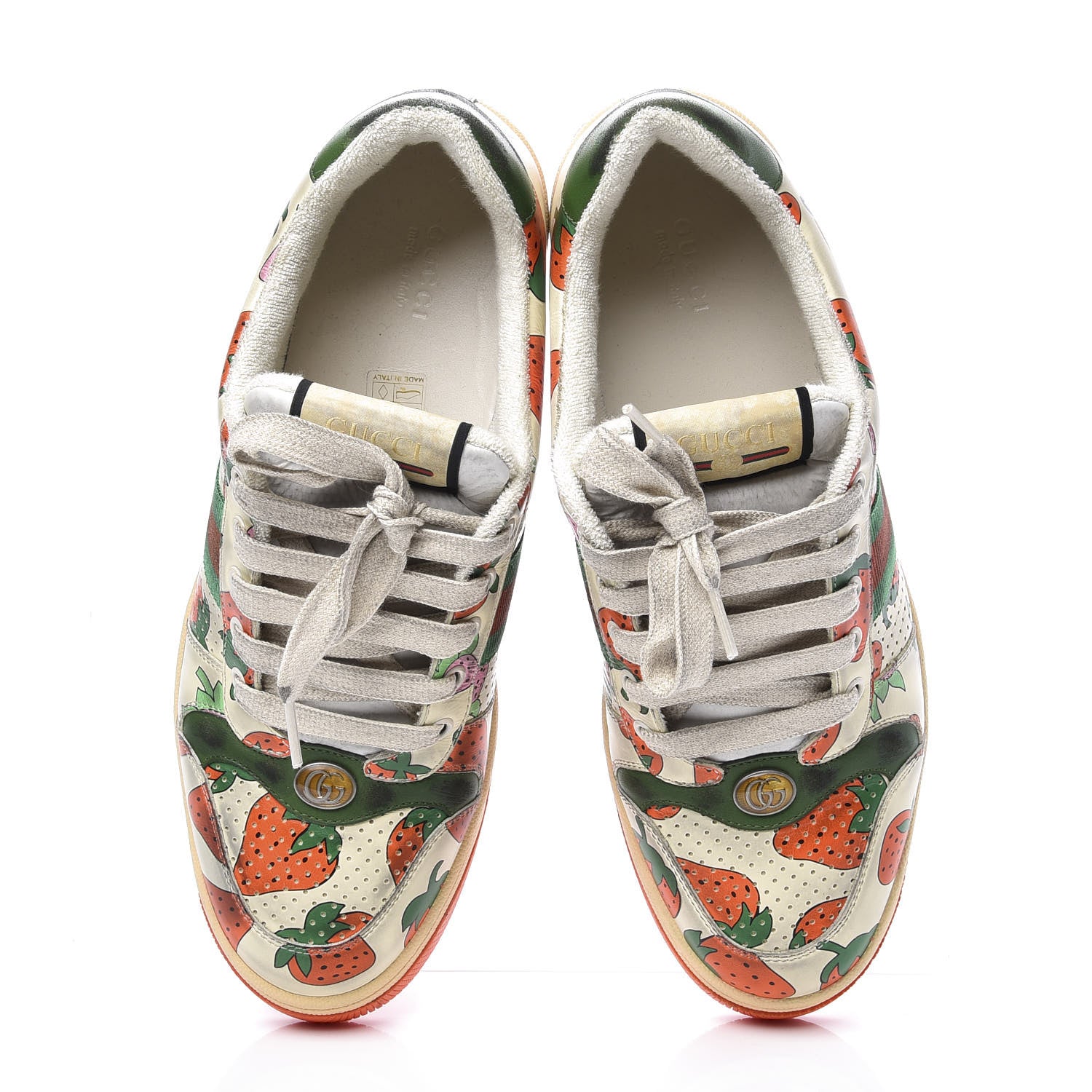Gucci Nubuck Web Strawberry Print Womens Screener Sneakers 42 Dusty Milk White Vintage Green 5 of 10