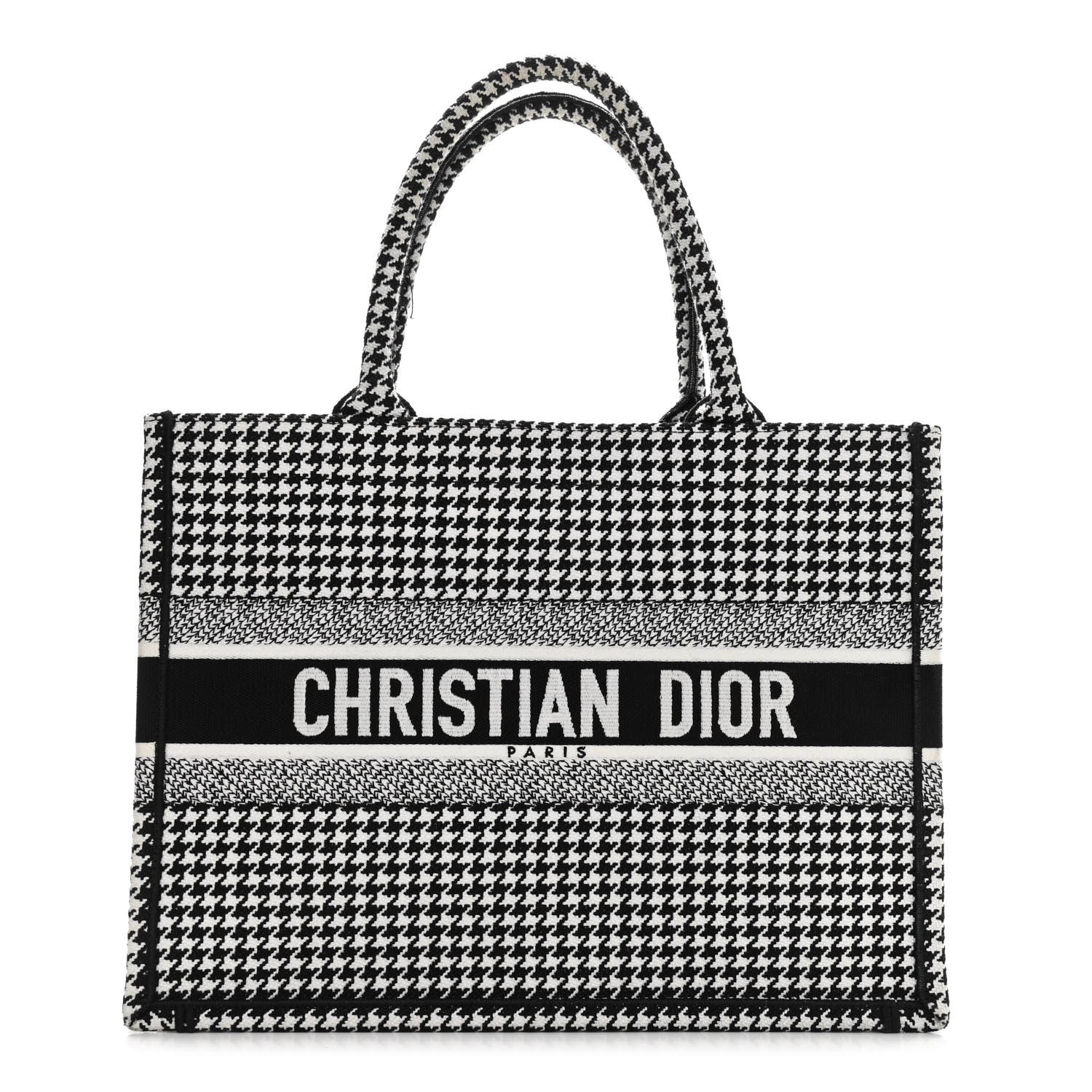 Christian Dior Canvas Houndstooth Embroidered Medium Book Tote Black White 1 of 10