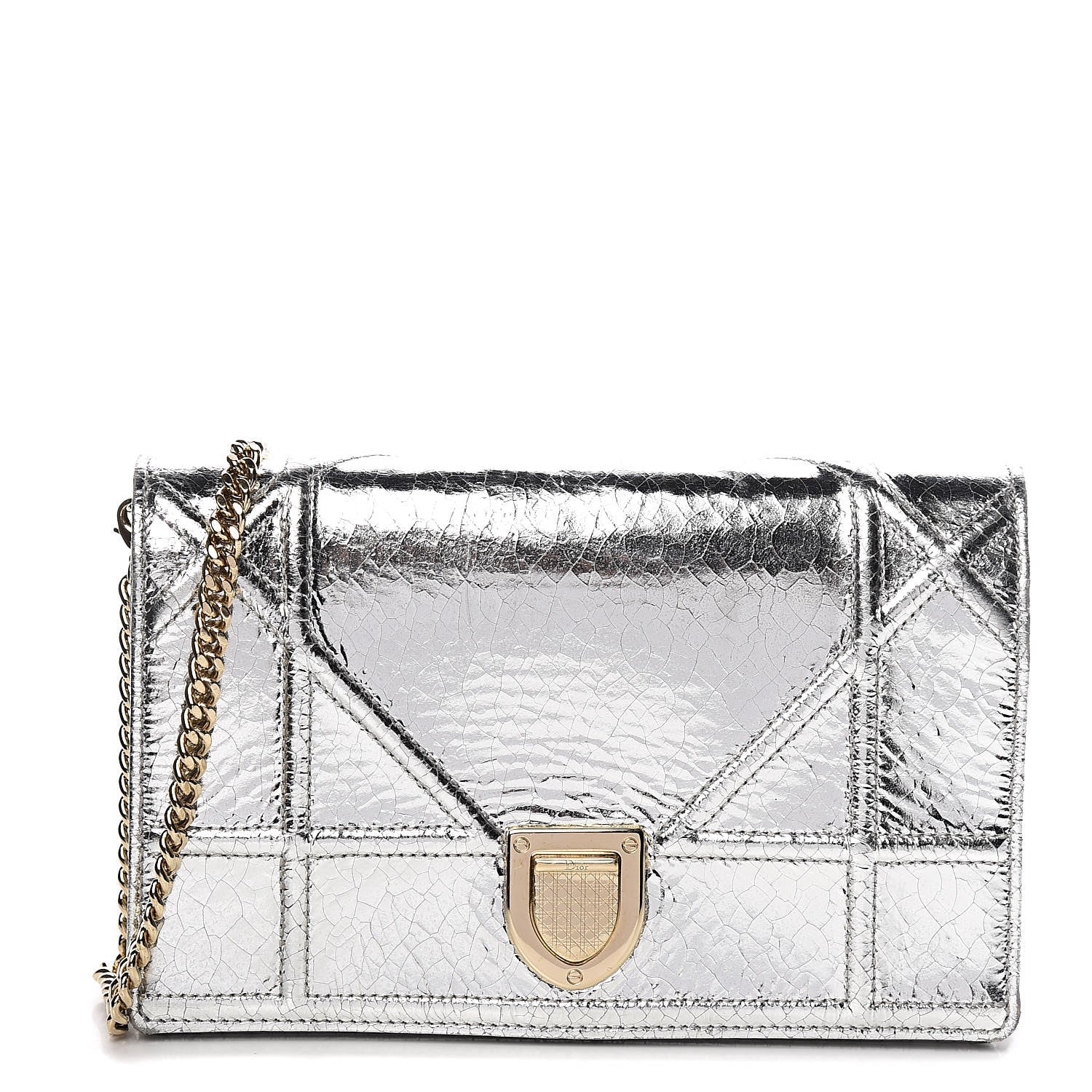 Christian Dior Metallic Ceramic Effect Deerskin Diorama Wallet on Chain Pouch Silver 1 of 11