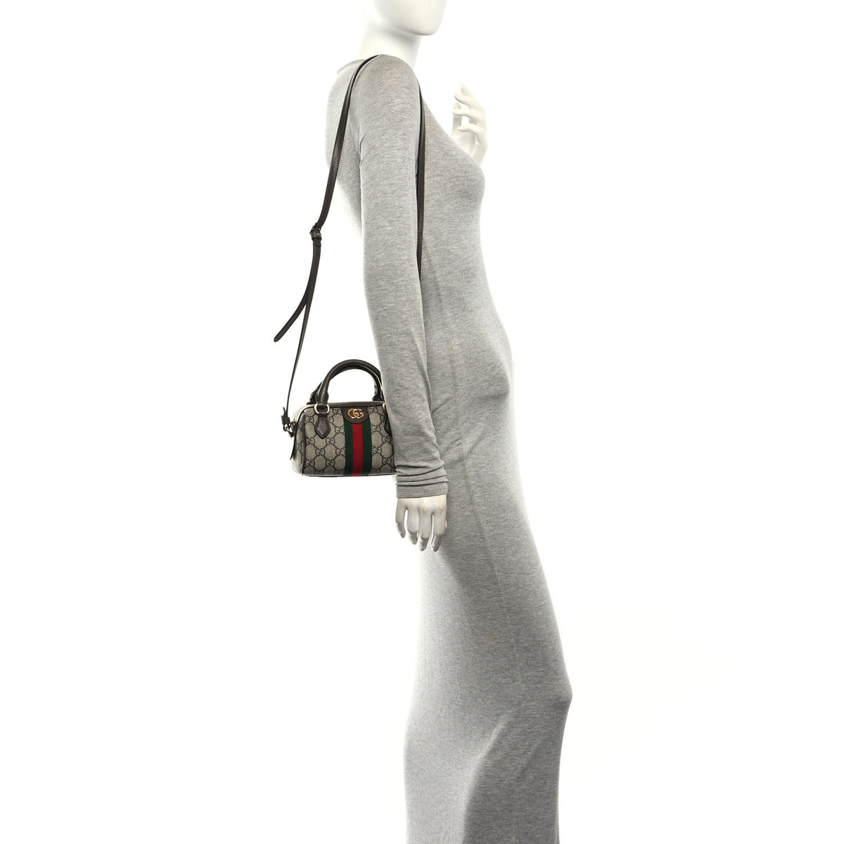GG Supreme Monogram Textured Dollar Calfskin Web Super Mini Ophidia Top Handle Bowler Bag Beige Ebony New Acero