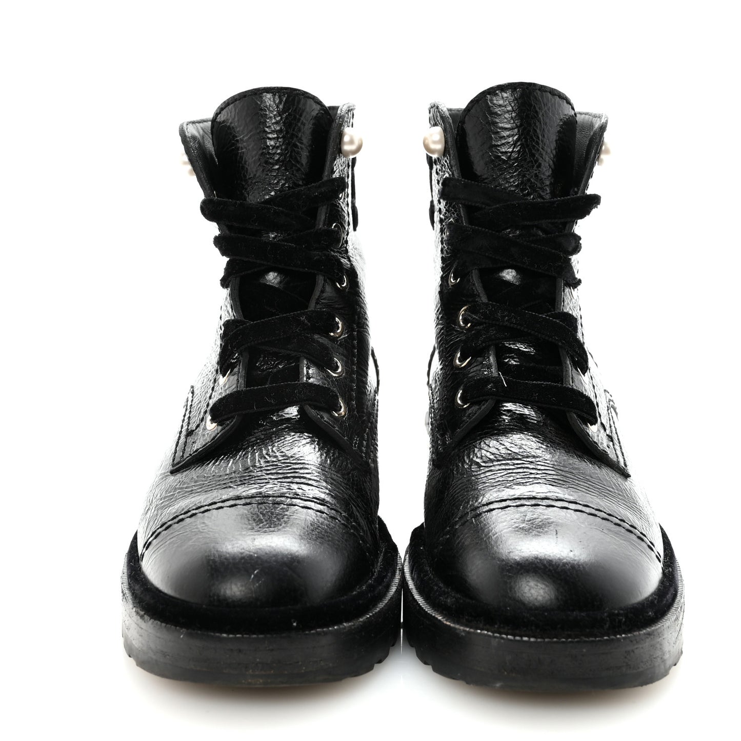Shiny Calfskin Velvet Pearl Combat Short Boots 38.5 Black