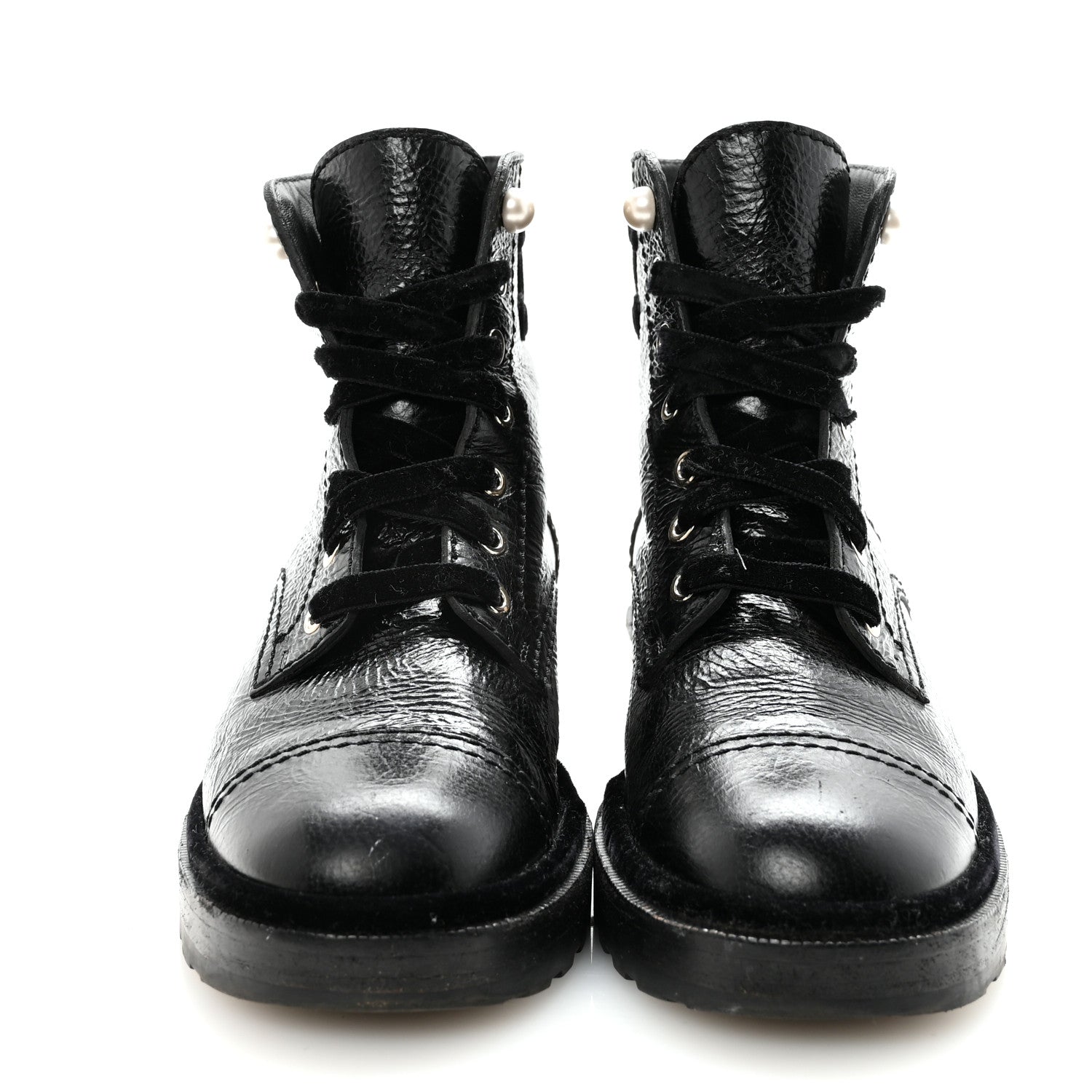 Chanel Shiny Calfskin Velvet Pearl Combat Short Boots 38.5 Black 3 of 9