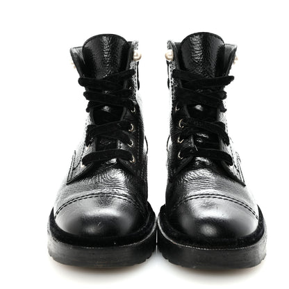 Chanel Shiny Calfskin Velvet Pearl Combat Short Boots 38.5 Black 3 of 9
