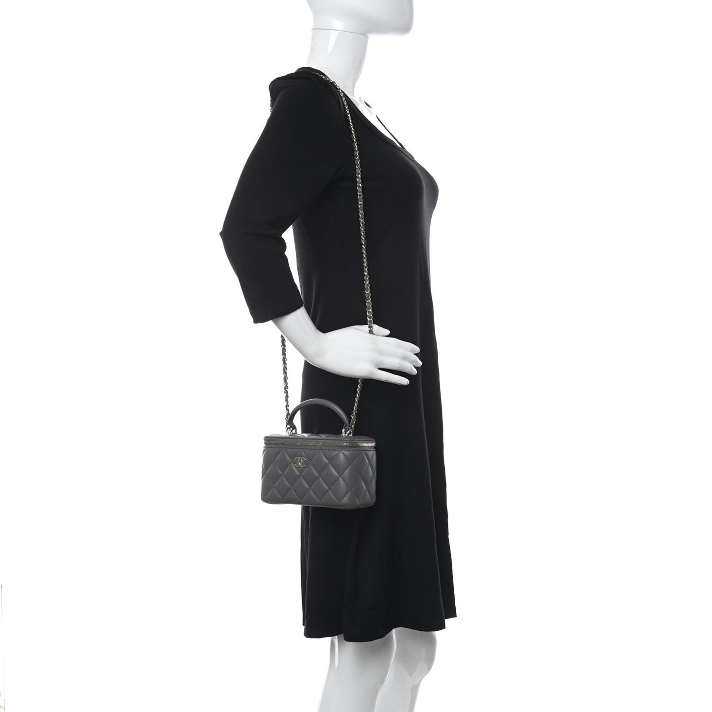Lambskin Quilted Small Top Handle Vanity Case With Chain Dark Grey