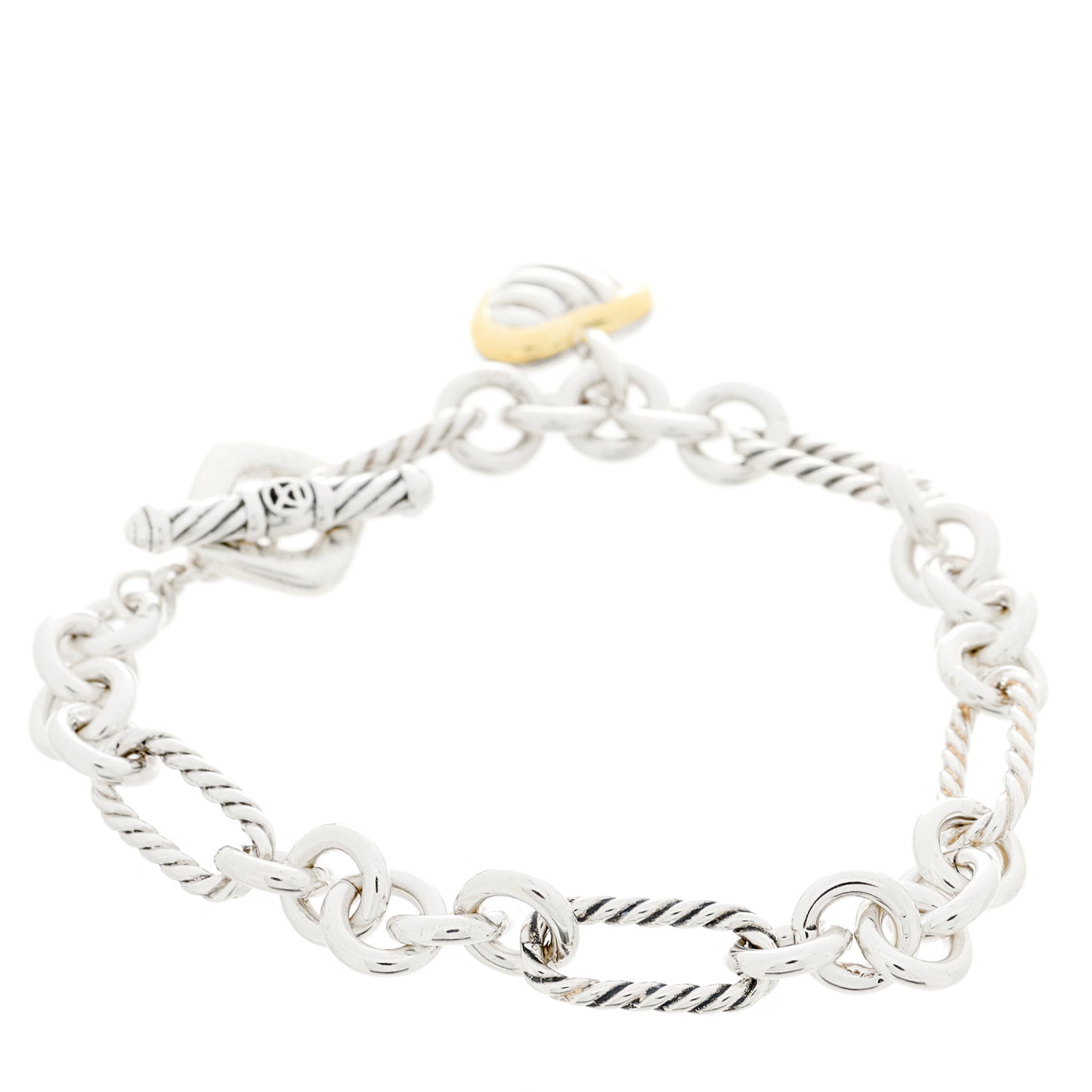 Sterling Silver 18K Yellow Gold Cable Heart Charm Bracelet
