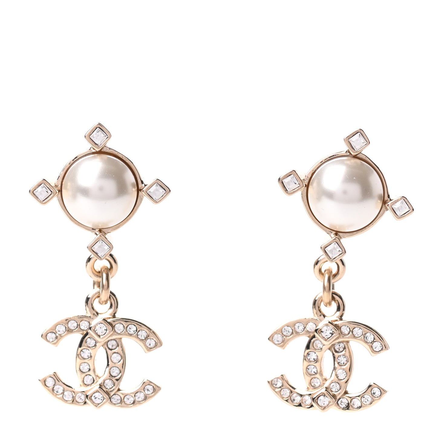 Crystal Pearl CC Drop Earrings Gold