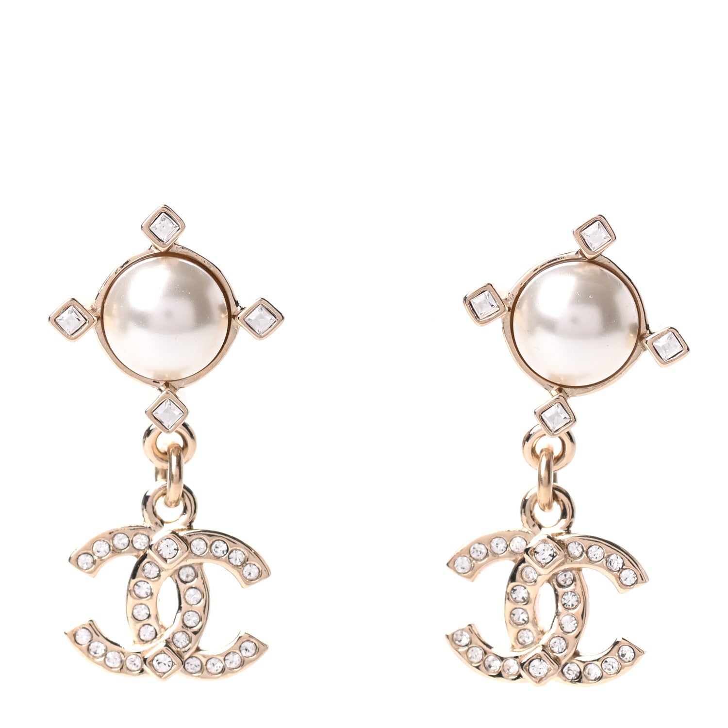 Chanel Crystal Pearl CC Drop Earrings Gold 1 of 5