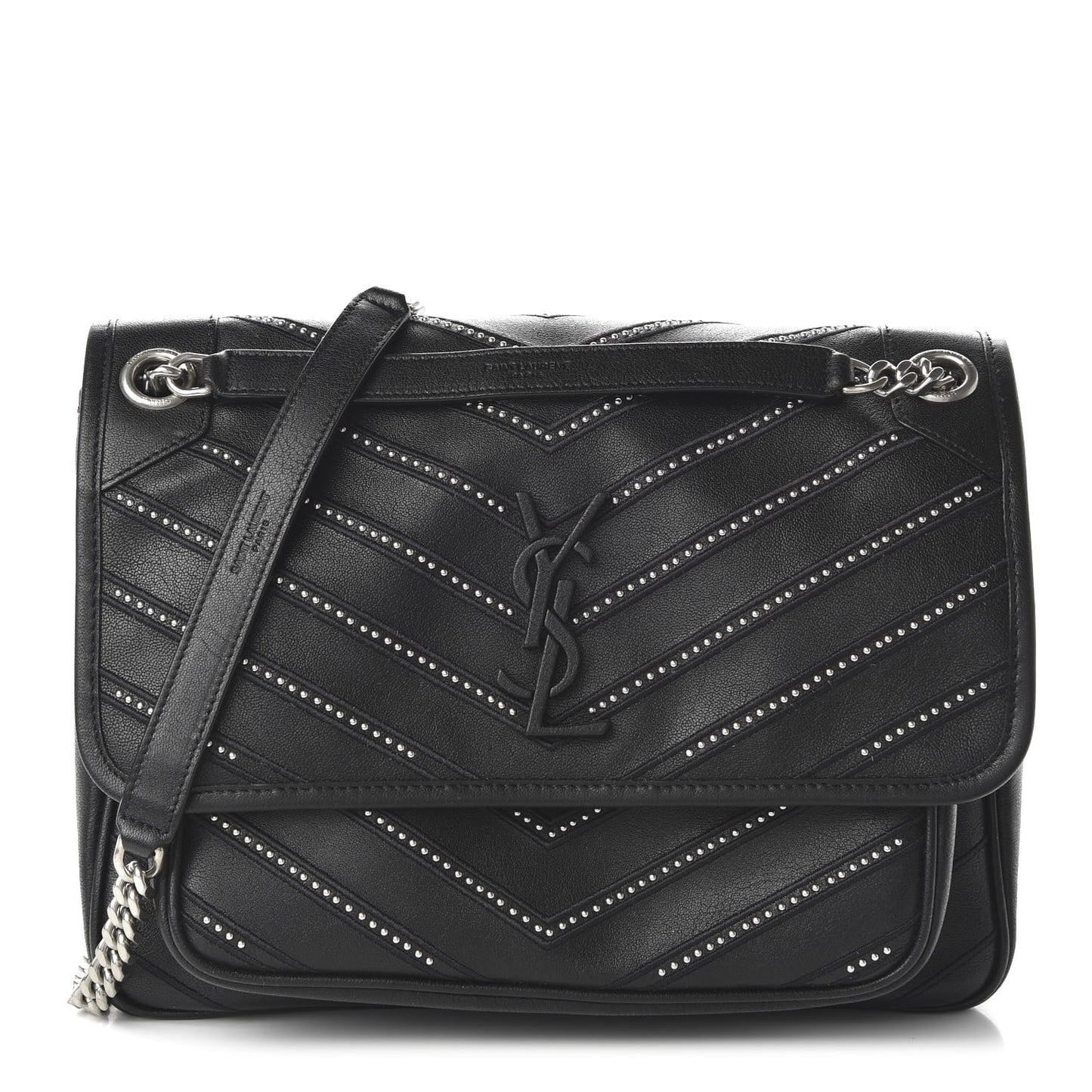 Lambskin Matelasse Monogram Microstud Medium Niki Chain Satchel Black