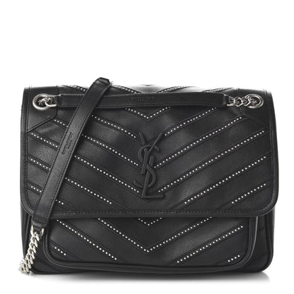 Saint Laurent Lambskin Matelasse Monogram Microstud Medium Niki Chain Satchel Black 1 of 9