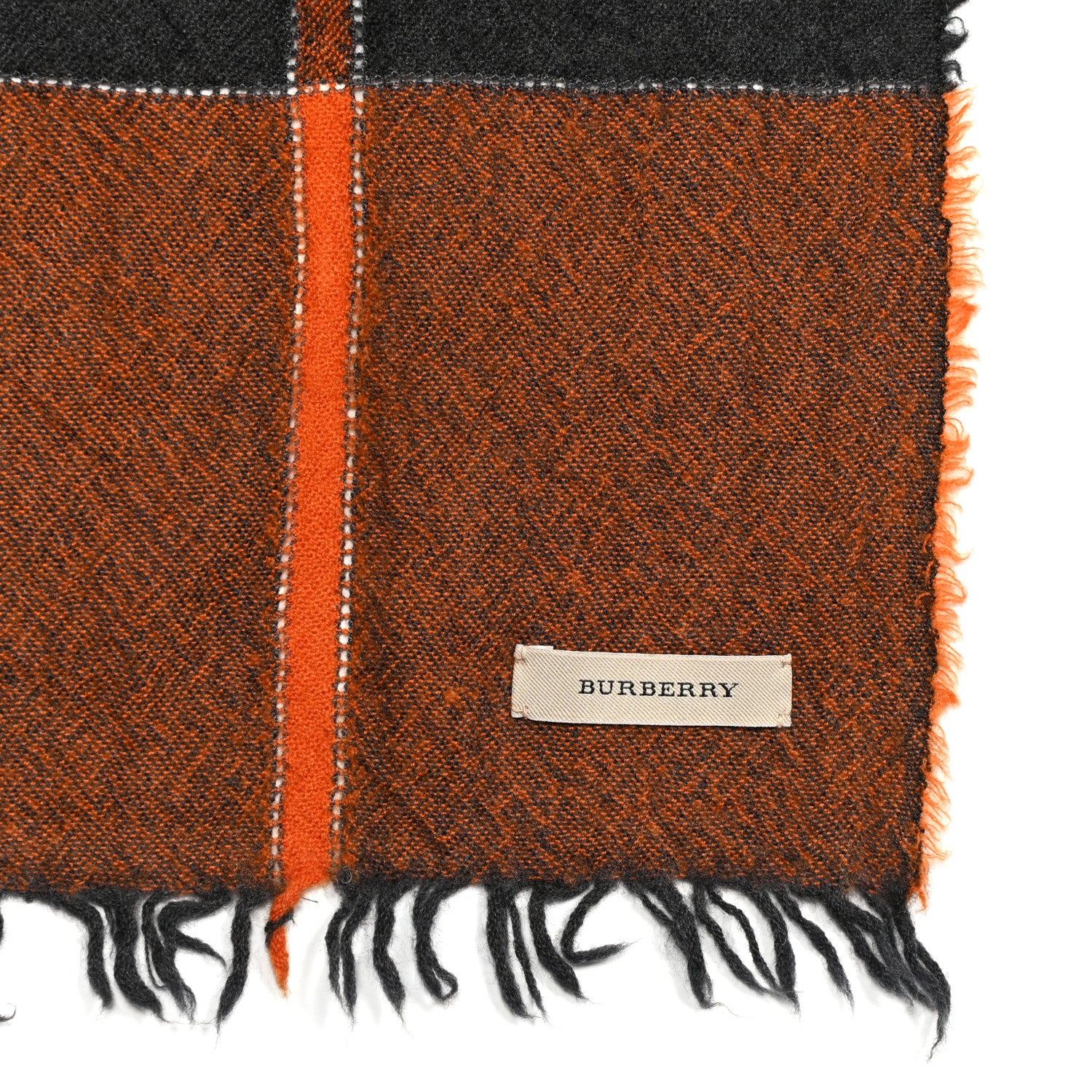 Burberry Wool Cashmere Check Fringe Scarf Orange Black 5 of 5