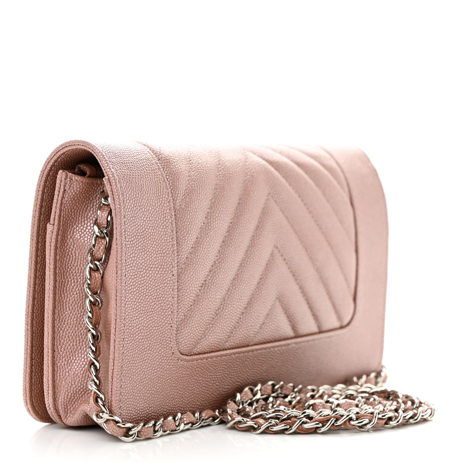 Chanel Metallic Caviar Chevron Quilted Vintage Mademoiselle Wallet On Chain WOC Pink 4 of 13