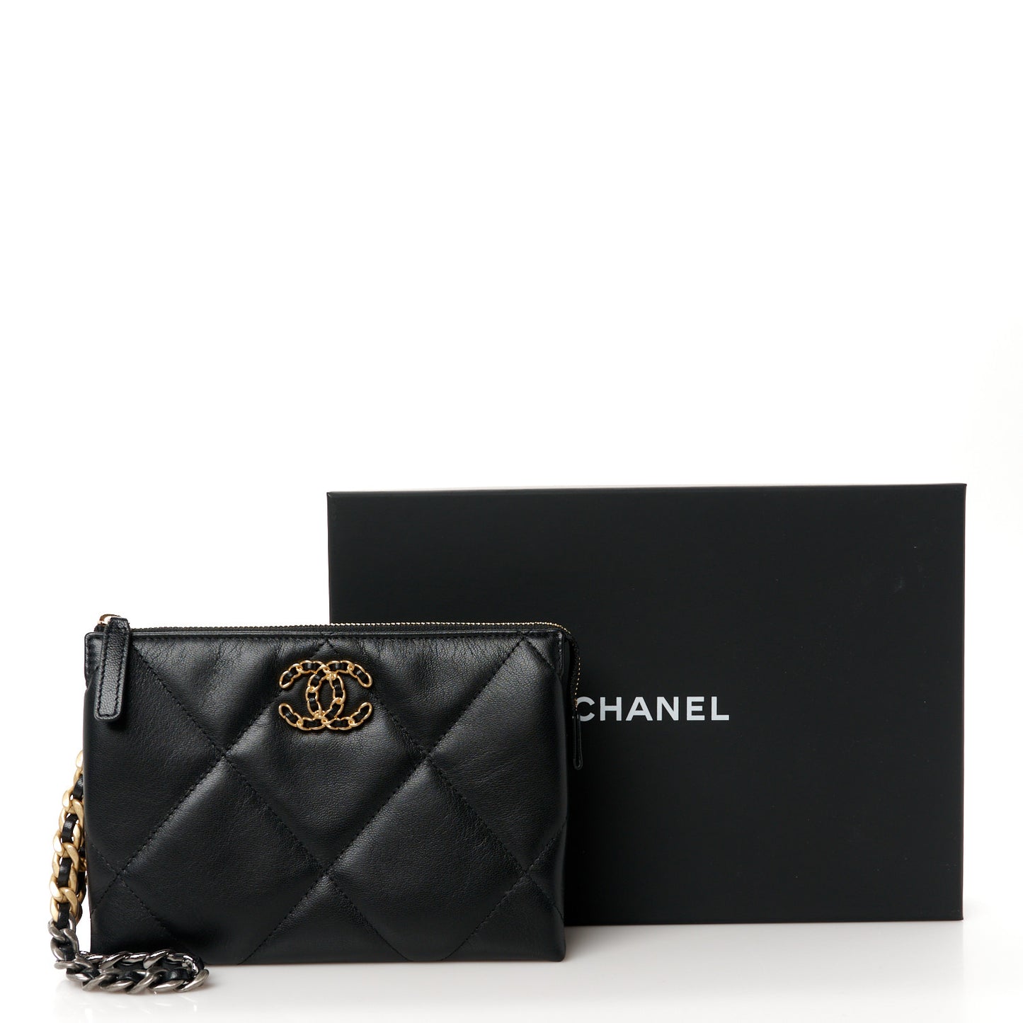 Shiny Goatskin Quilted Small Chanel 19 Pouch With Handle Black