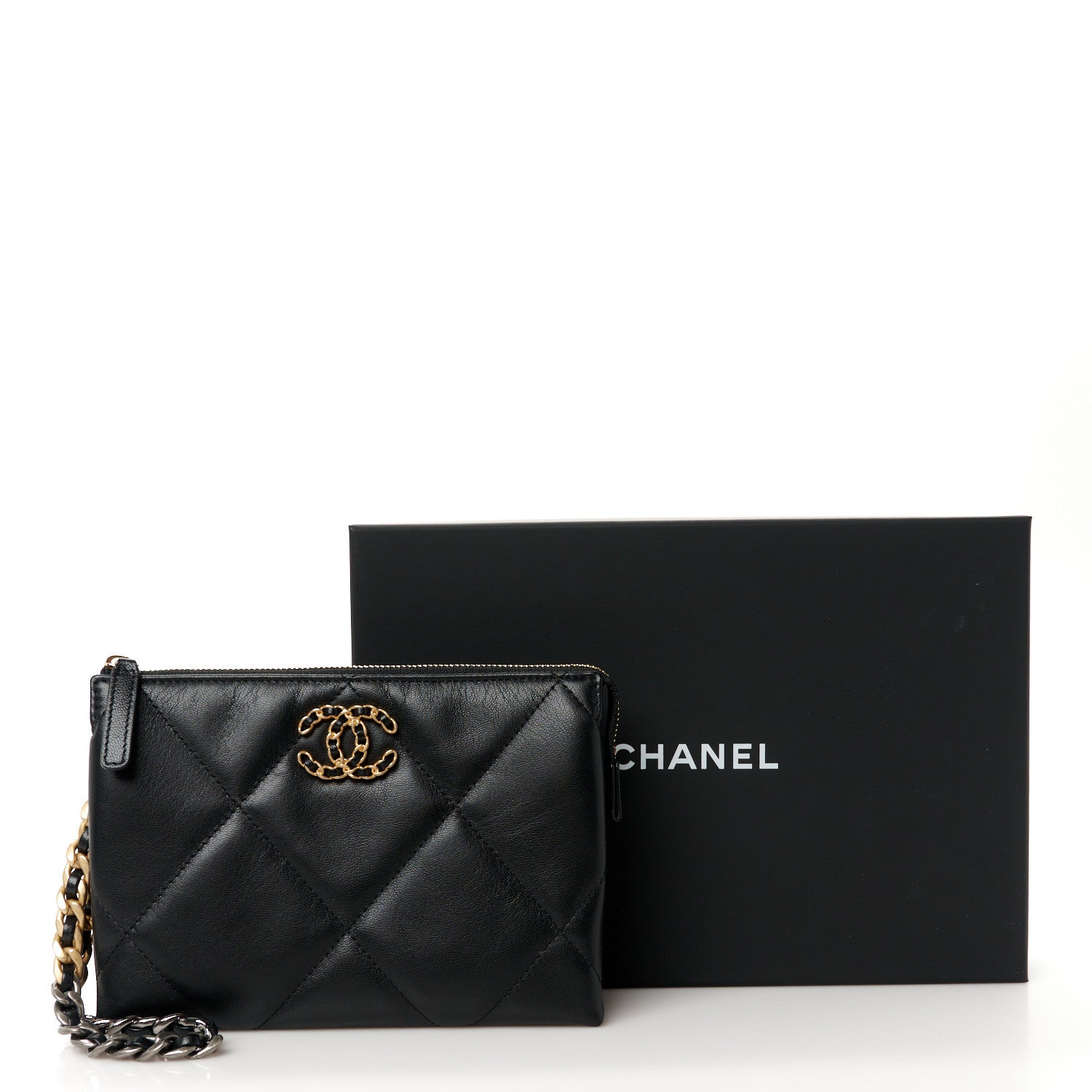 Chanel Shiny Goatskin Quilted Small Chanel 19 Pouch With Handle Black 11 of 11