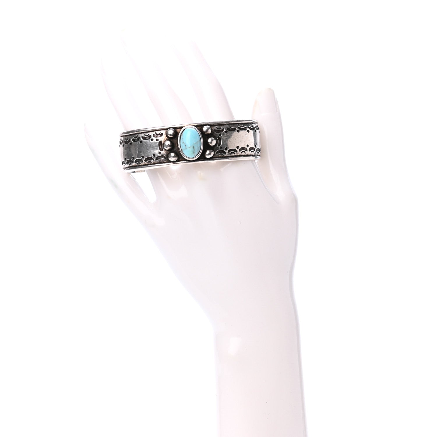 Saint Laurent Brass Textured Turquoise Cuff Bracelet Silver 2 of 4