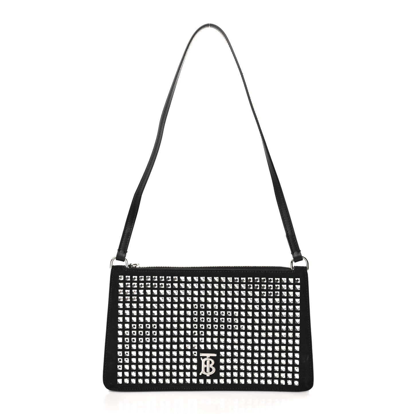 Suede Crystal Embellished TB Hotfix Shoulder Pouch Black