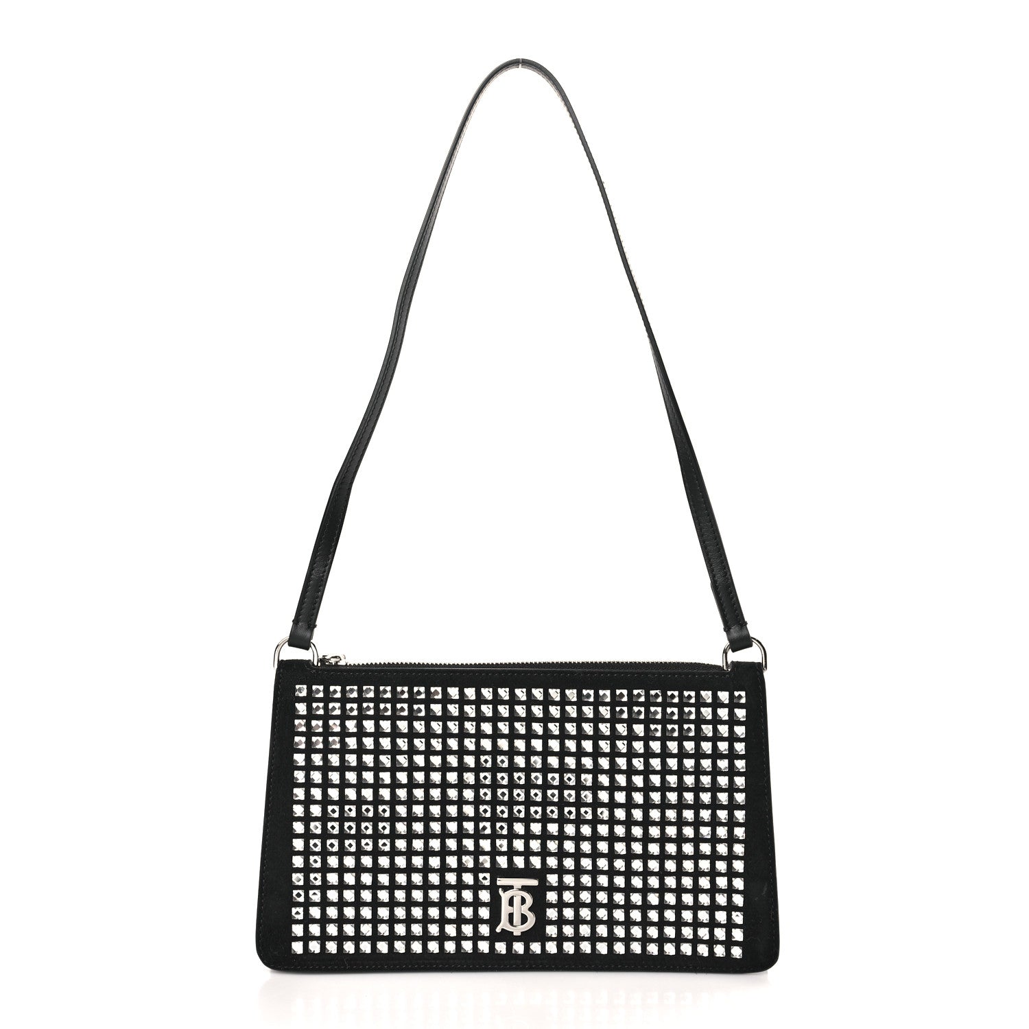 Burberry Suede Crystal Embellished TB Hotfix Shoulder Pouch Black 1 of 8