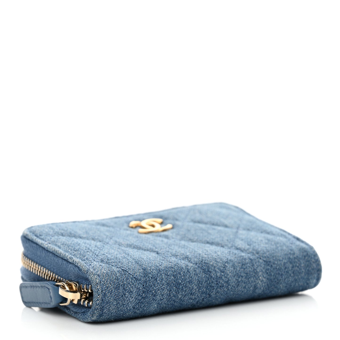 Denim Quilted CC Pearl Crush Zip Card Holder On Chain Blue