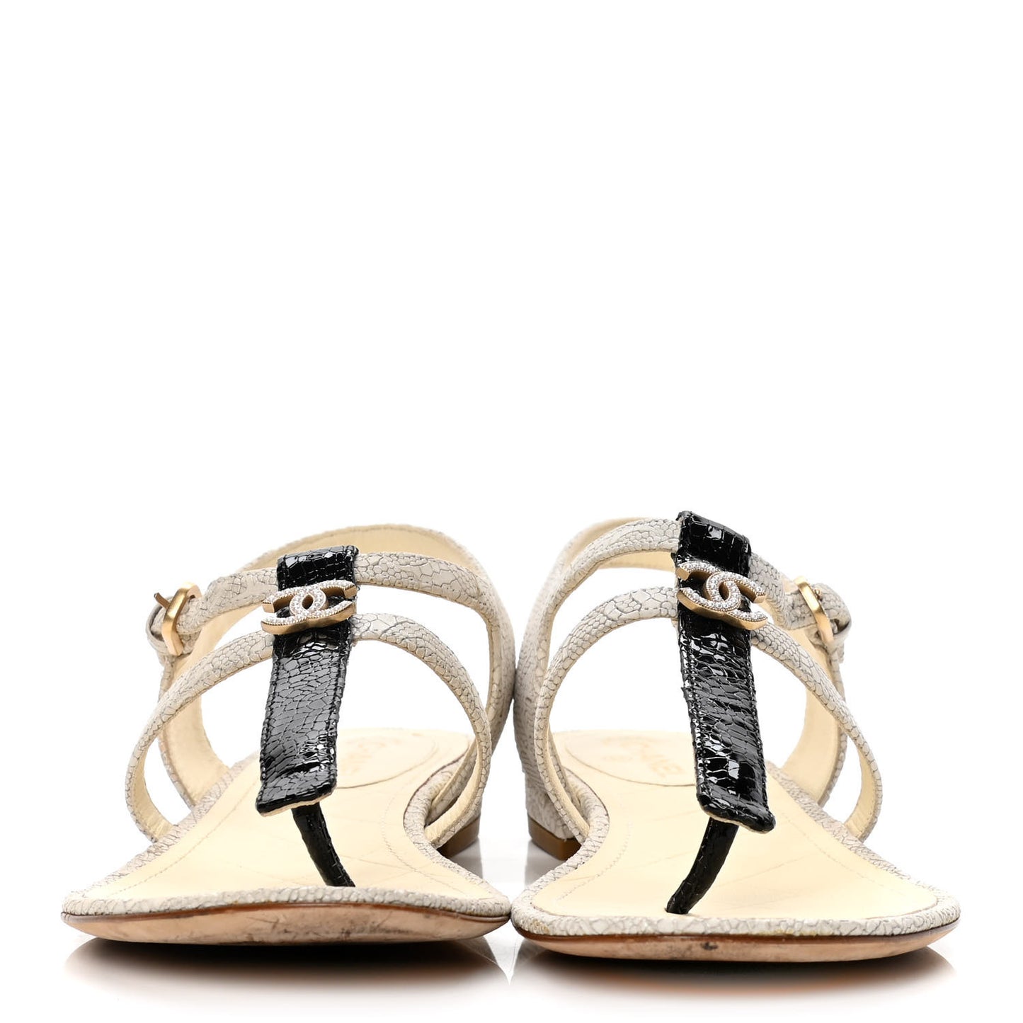 Crackled Calfskin CC Thong Sandals 37 White Black