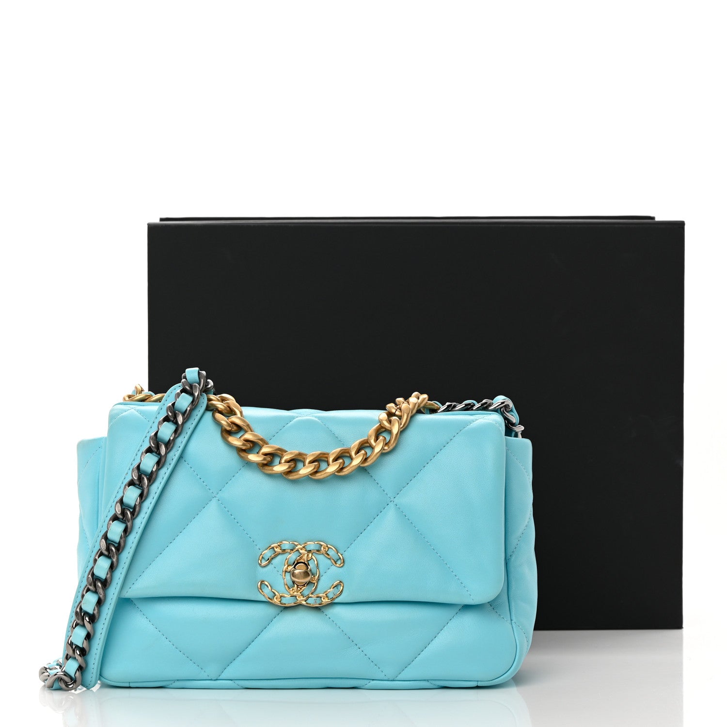 Chanel Shiny Lambskin Quilted Medium Chanel 19 Flap Light Blue 12 of 12