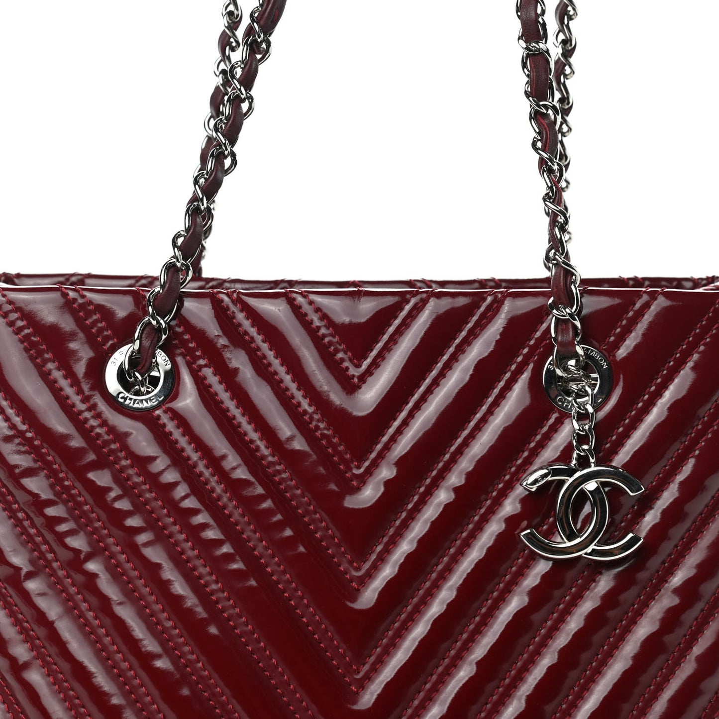 Patent Chevron Shopper Tote Burgundy