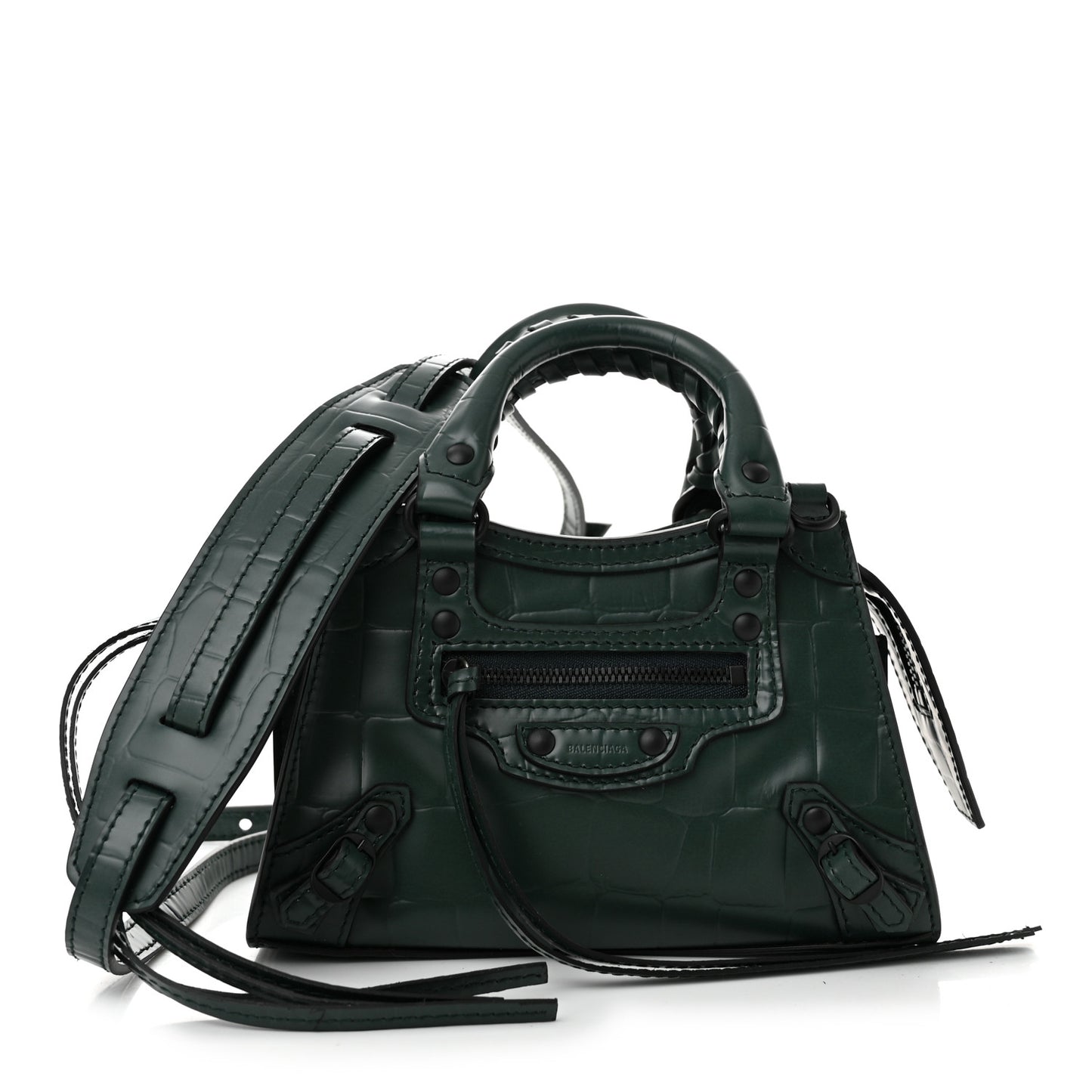 Semi Shiny Calfskin Crocodile Embossed Neo Classic Black Hardware Nano City Crossbody Forest Green