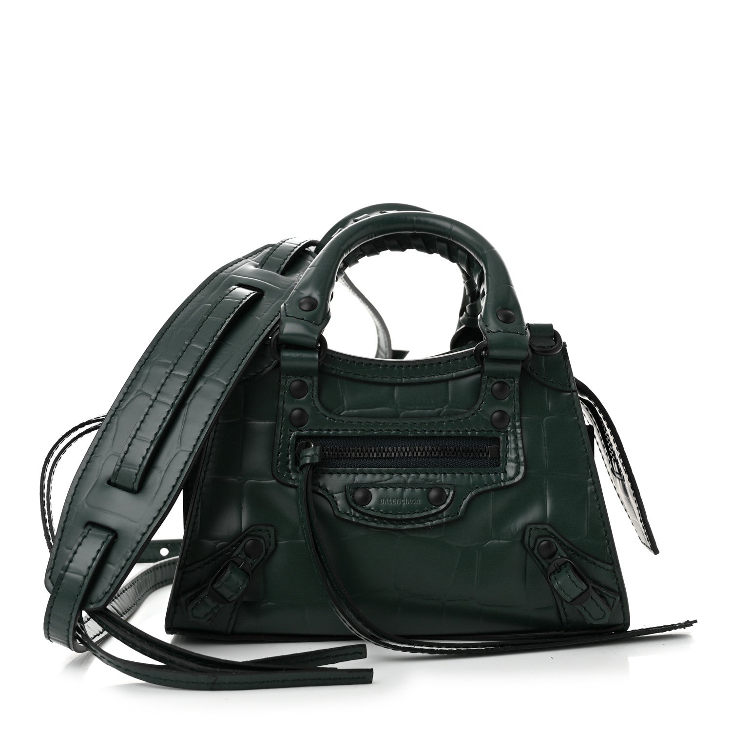 Balenciaga Semi Shiny Calfskin Crocodile Embossed Neo Classic Black Hardware Nano City Crossbody Forest Green 1 of 9