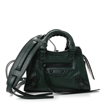 Balenciaga Semi Shiny Calfskin Crocodile Embossed Neo Classic Black Hardware Nano City Crossbody Forest Green 1 of 9