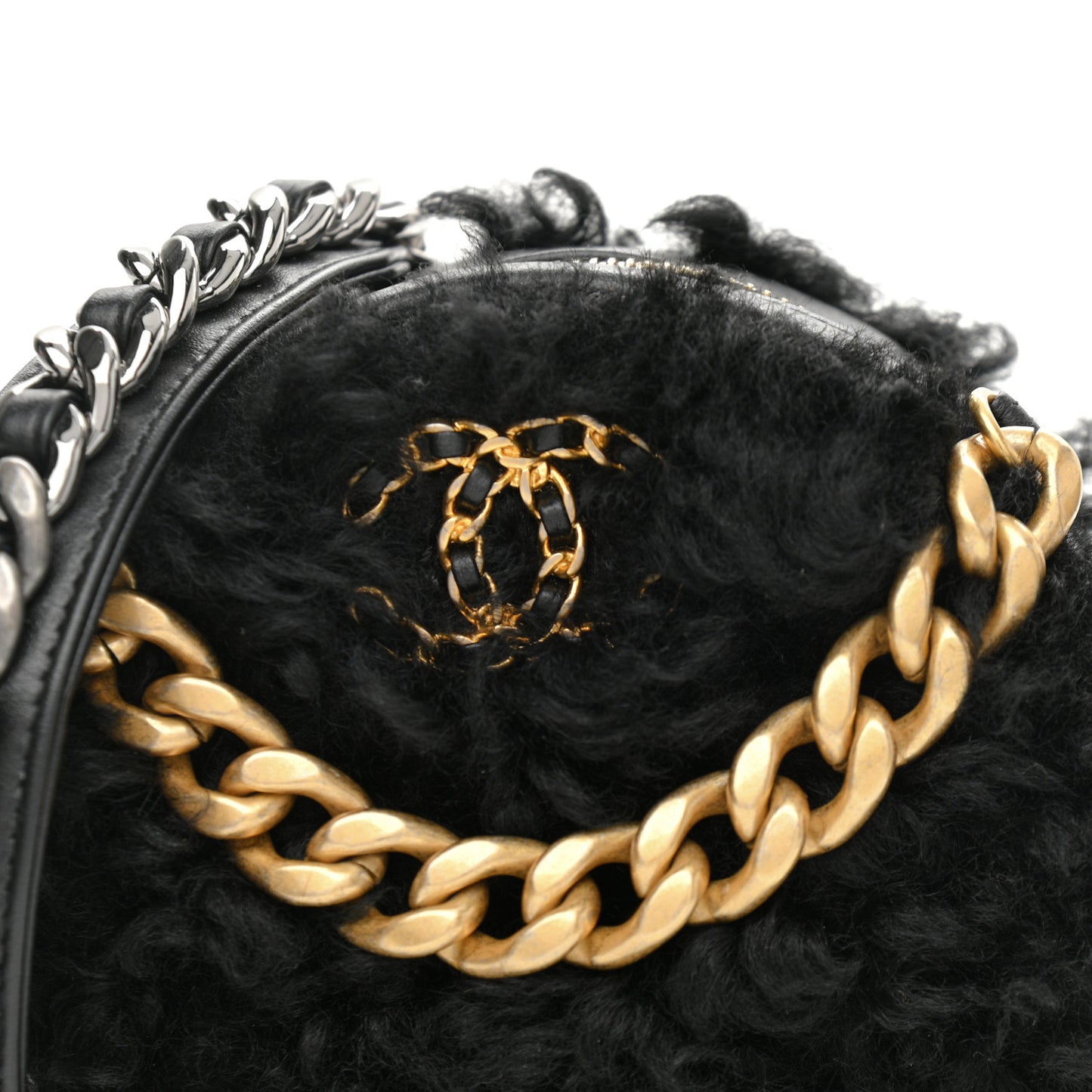Shearling Sheepskin Chanel 19 Round Clutch With Chain Black