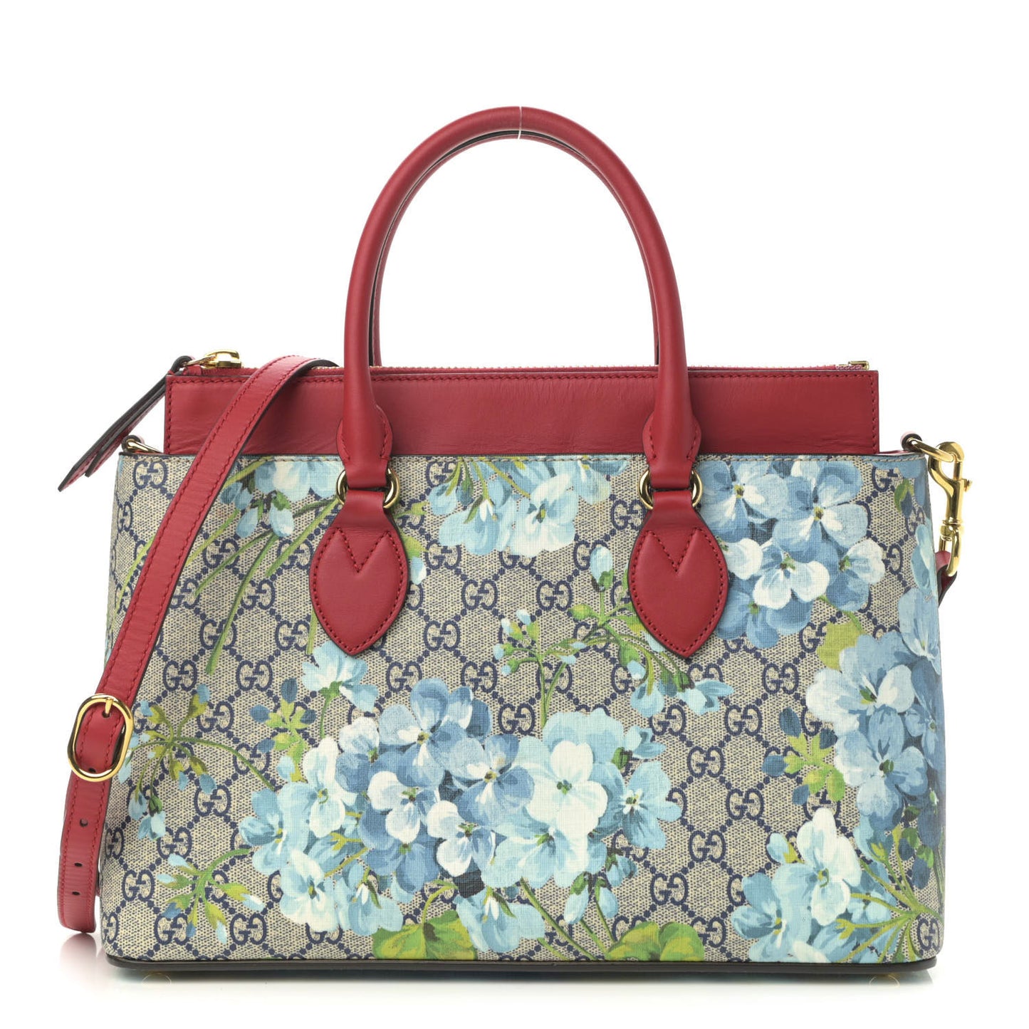 GG Supreme Monogram Blooms Medium Zip Top Tote Beige Blue Navy Hibiscus Red