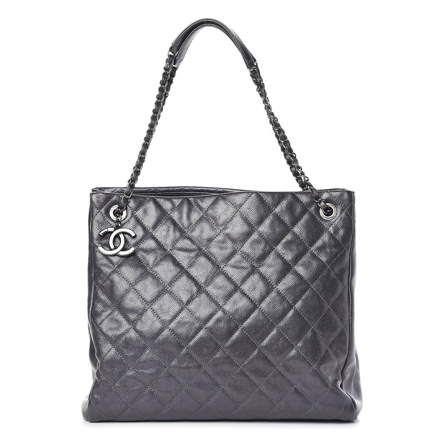 Iridescent Caviar Quilted Tall Chic Shopping Tote Argent