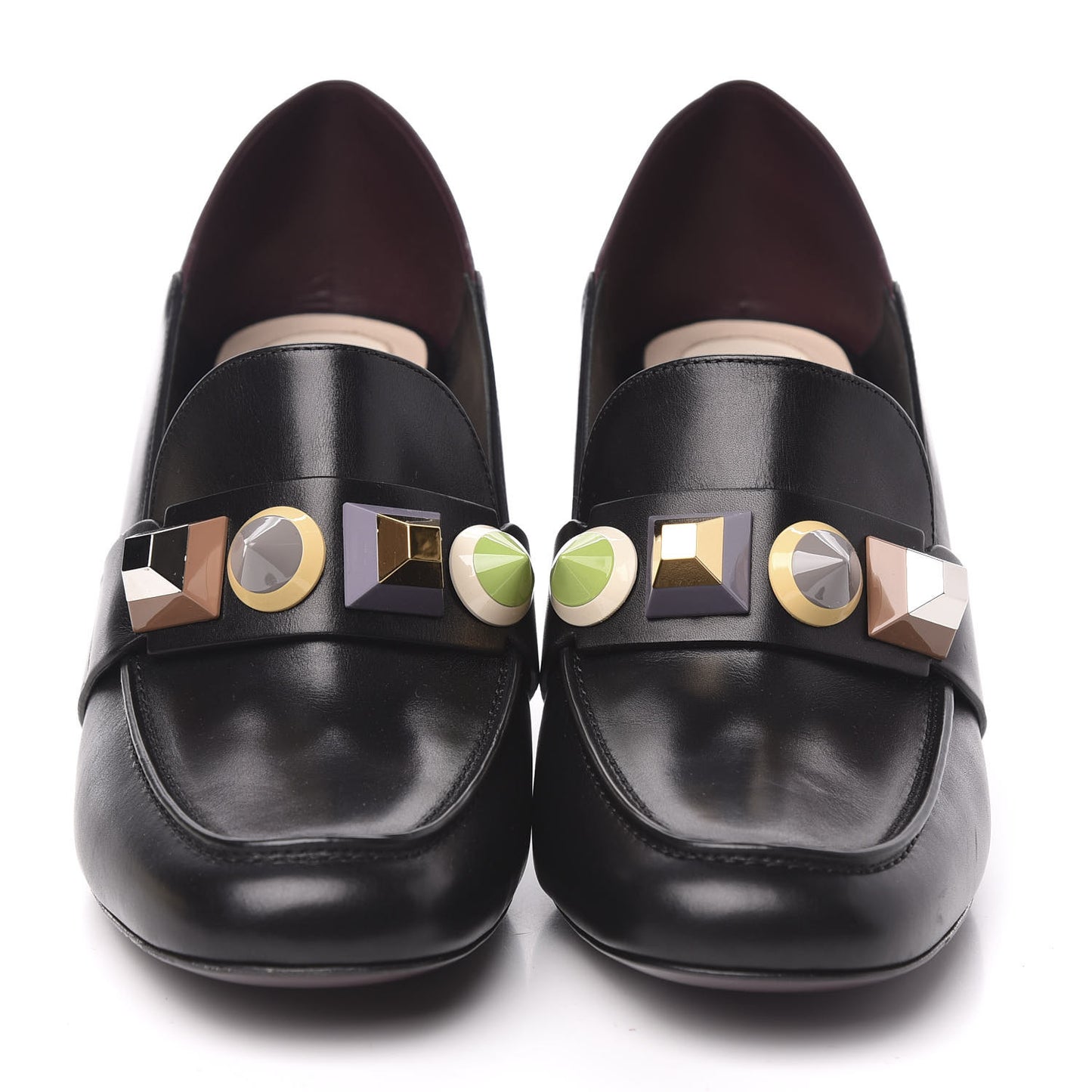 Calfskin Rainbow Studded Mid-Heel Loafer Pumps 39.5 Black Multicolor