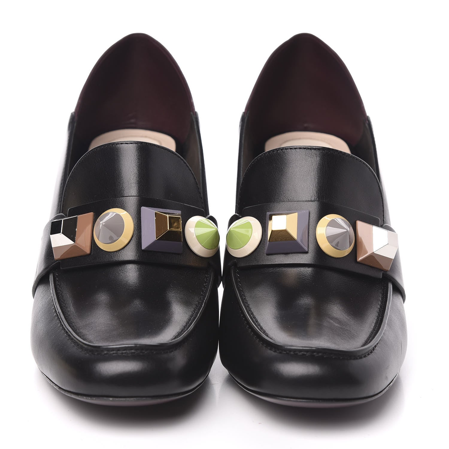 Fendi Calfskin Rainbow Studded Mid-Heel Loafer Pumps 39.5 Black Multicolor 2 of 8