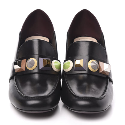 Fendi Calfskin Rainbow Studded Mid-Heel Loafer Pumps 39.5 Black Multicolor 2 of 8