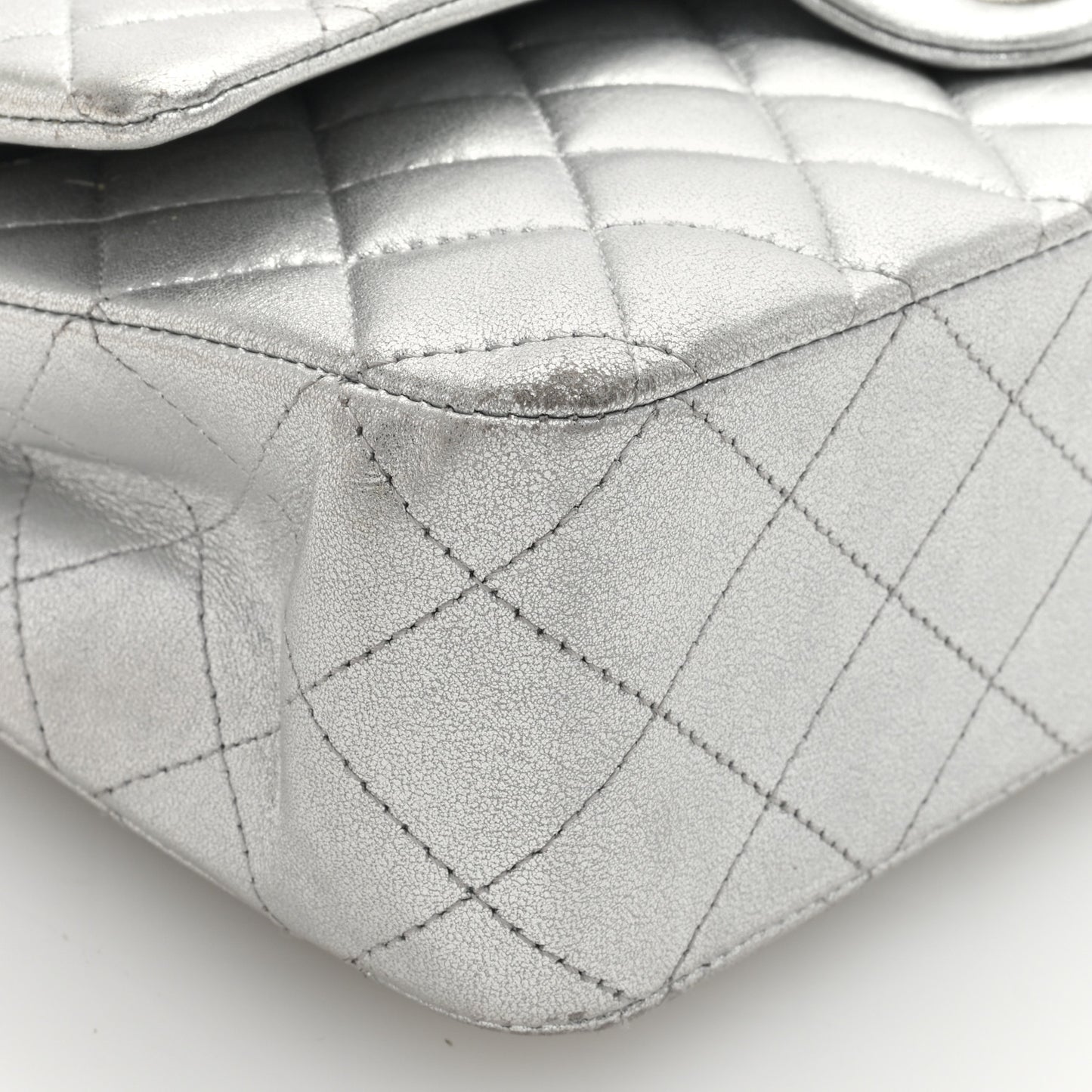 Metallic Lambskin Quilted Medium Double Flap Silver
