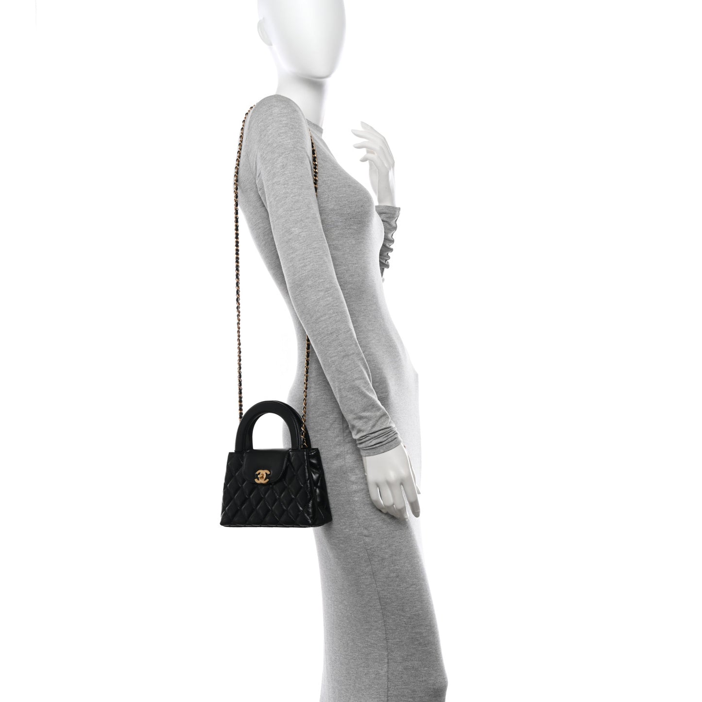 Shiny Aged Calfskin Quilted Nano Kelly Shopper Black