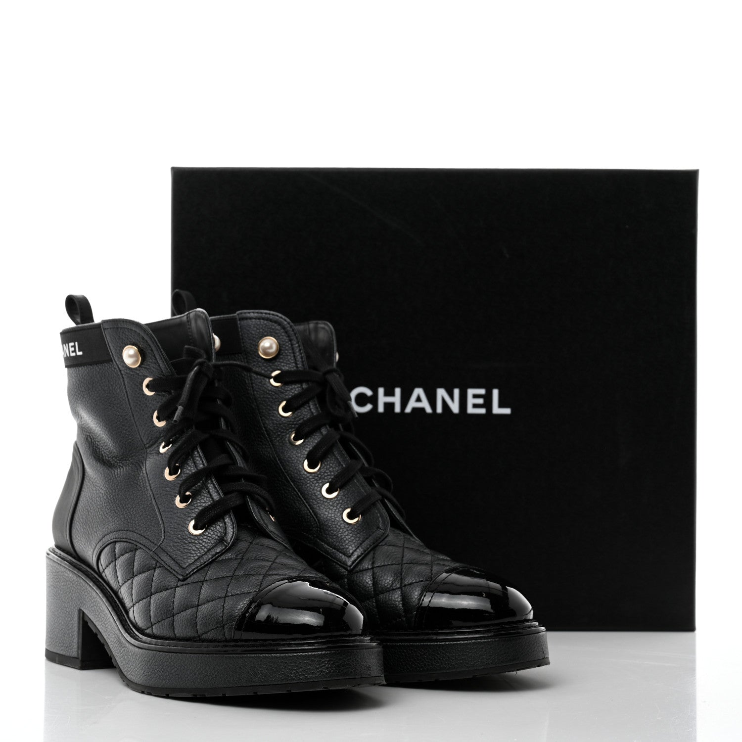 Chanel Pearly Calfskin Patent Calfskin Lace Up Combat Boots 38 Black 9 of 9