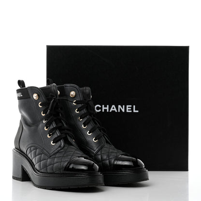 Chanel Pearly Calfskin Patent Calfskin Lace Up Combat Boots 38 Black 9 of 9