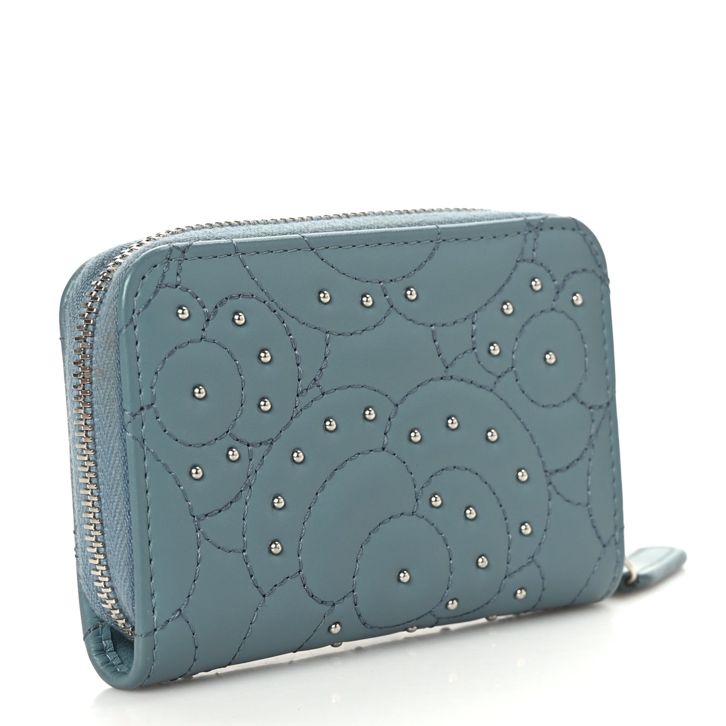 Lambskin Camellia Embossed Studded Zip Coin Purse Blue