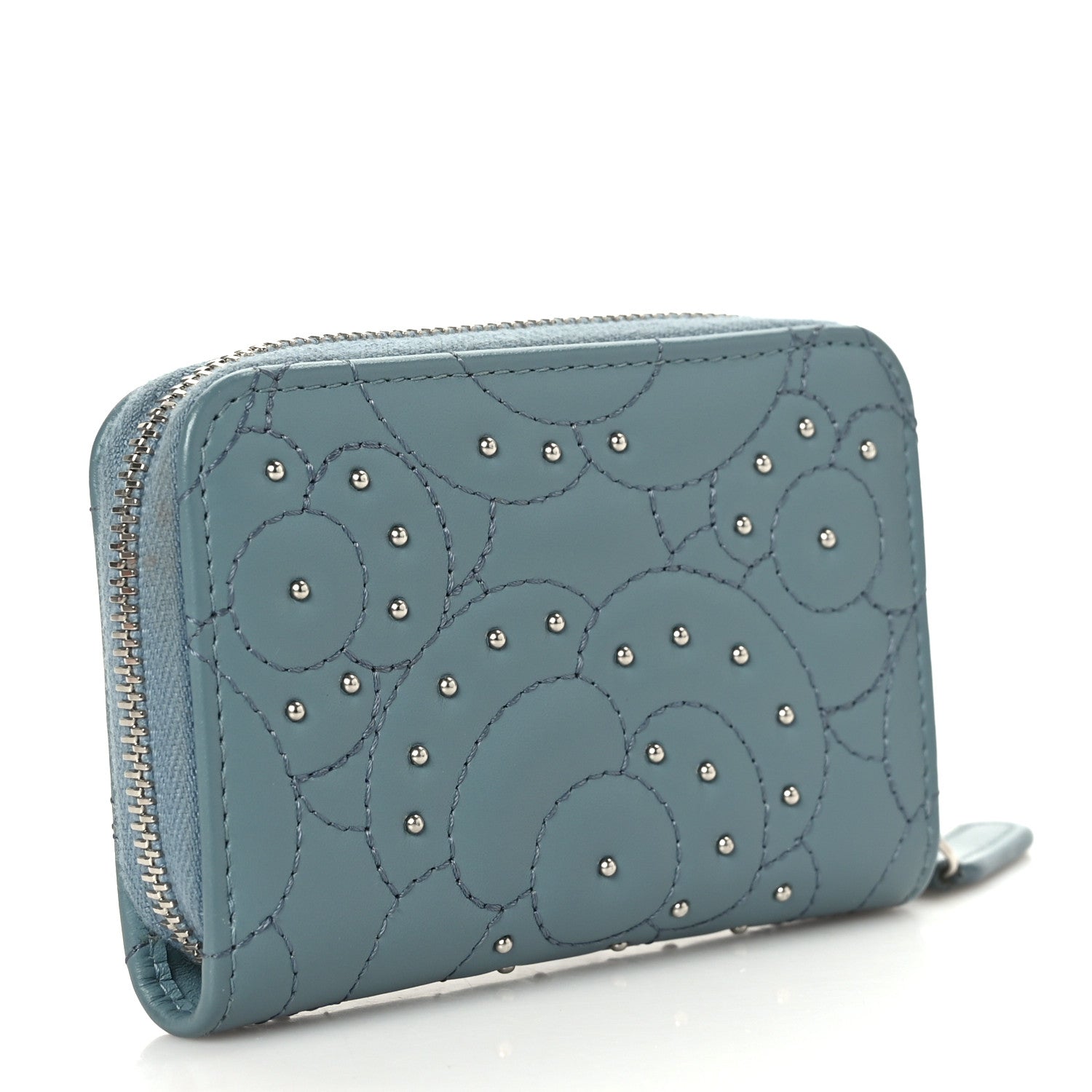 Chanel Lambskin Camellia Embossed Studded Zip Coin Purse Blue 3 of 7