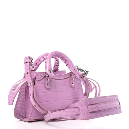 Balenciaga Calfskin Crocodile Embossed Neo Classic Silver Hardware Nano City Crossbody Lilac 2 of 7