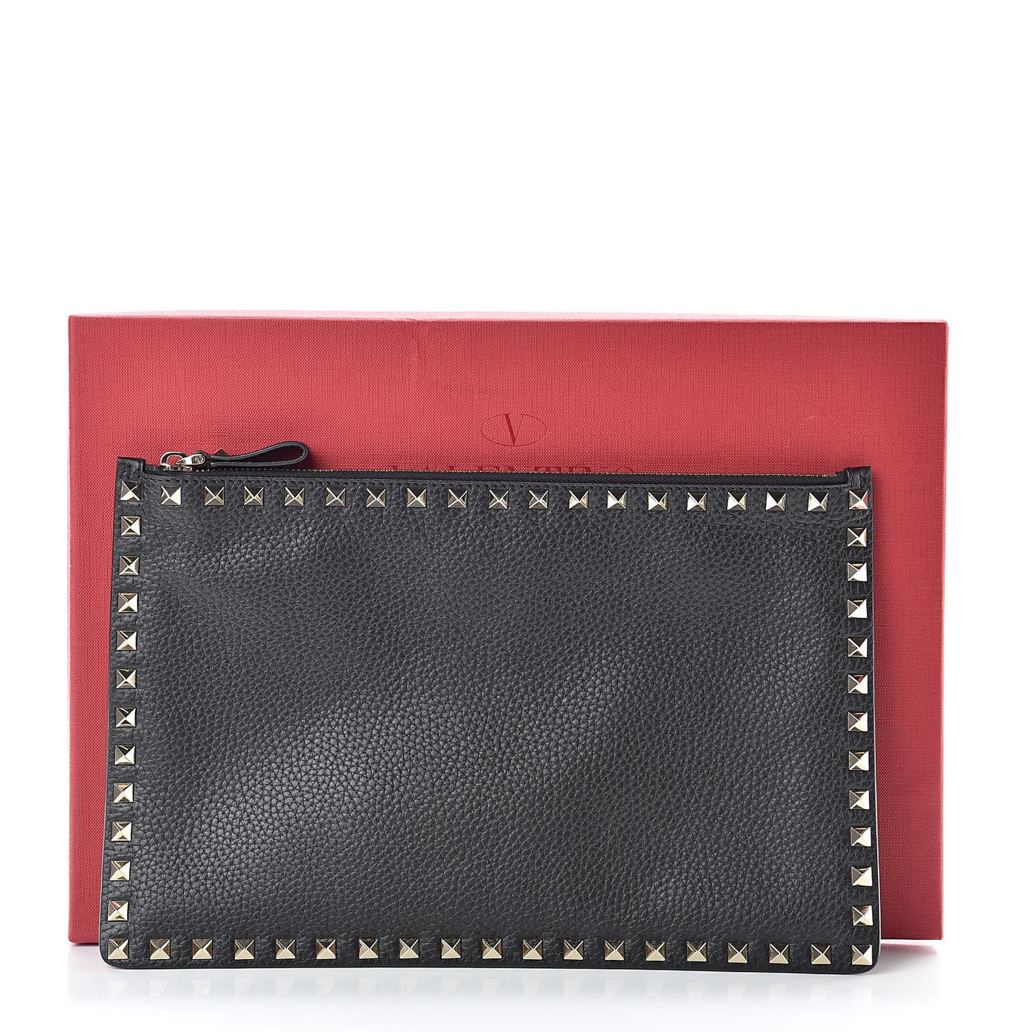 Pebbled Calfskin Large Rockstud Zip Pouch Black