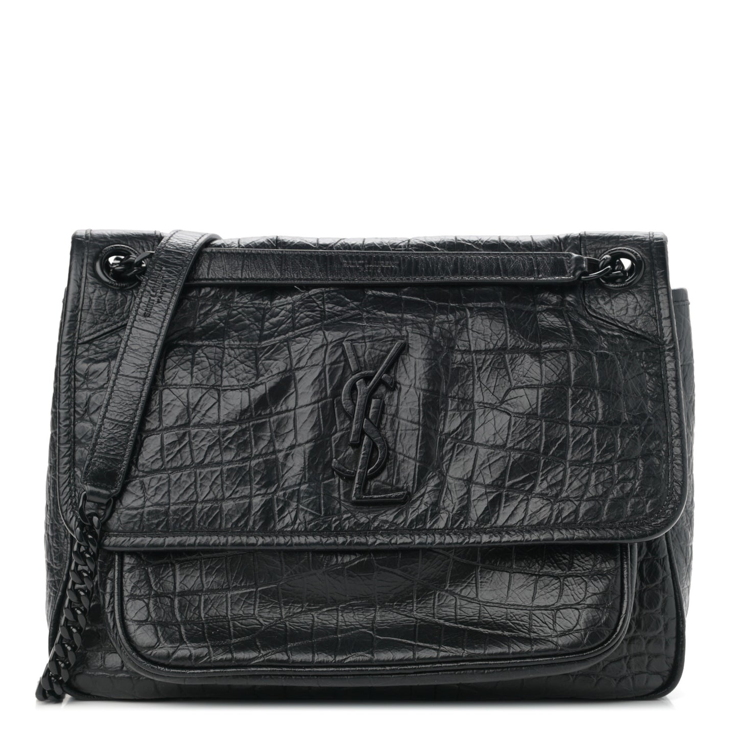 Crocodile Embossed Lambskin Monogram Medium Niki Chain Satchel Black