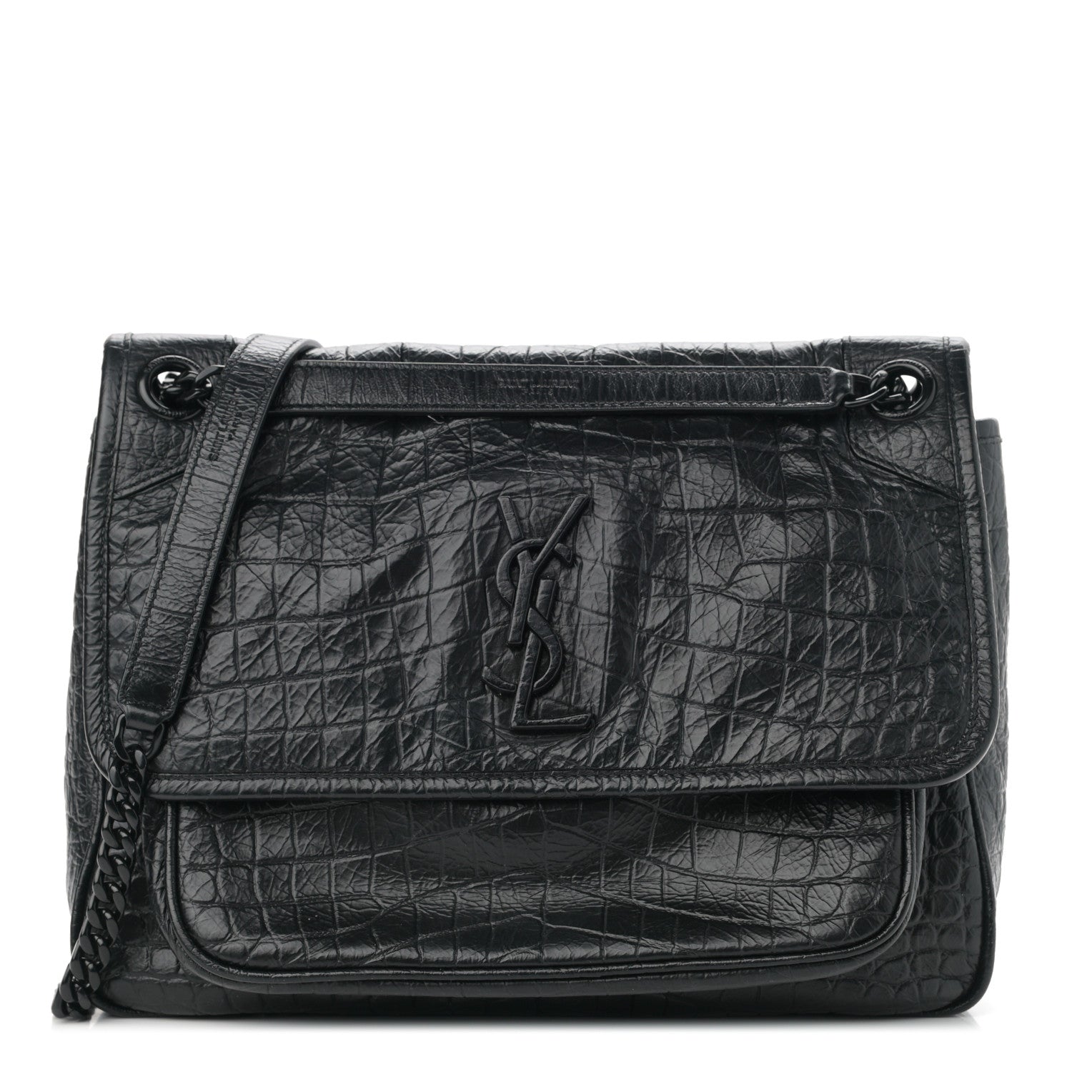 Saint Laurent Crocodile Embossed Lambskin Monogram Medium Niki Chain Satchel Black 1 of 11