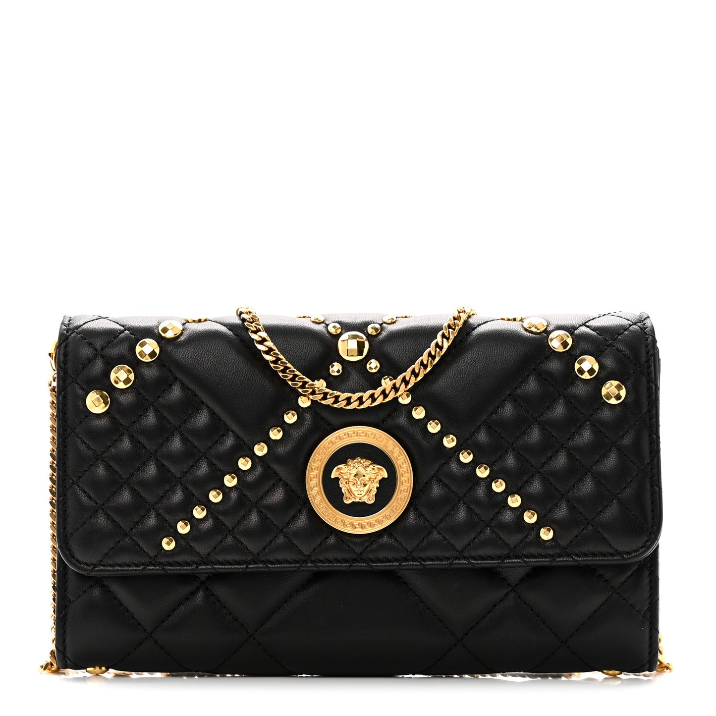 Lambskin Studded Quilted Medusa Wallet on Chain Crossbody Black Gold