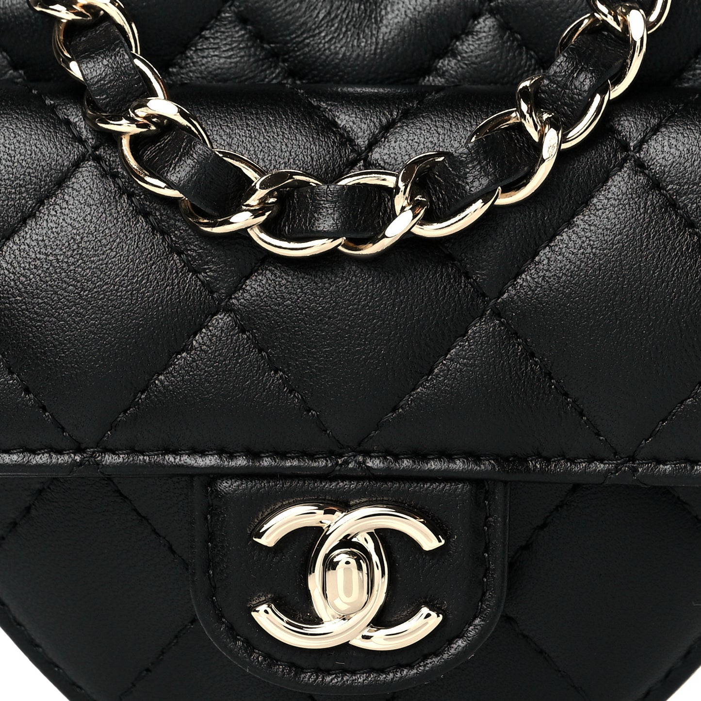 Lambskin Quilted CC In Love Heart Waist Belt Bag With Chain Black