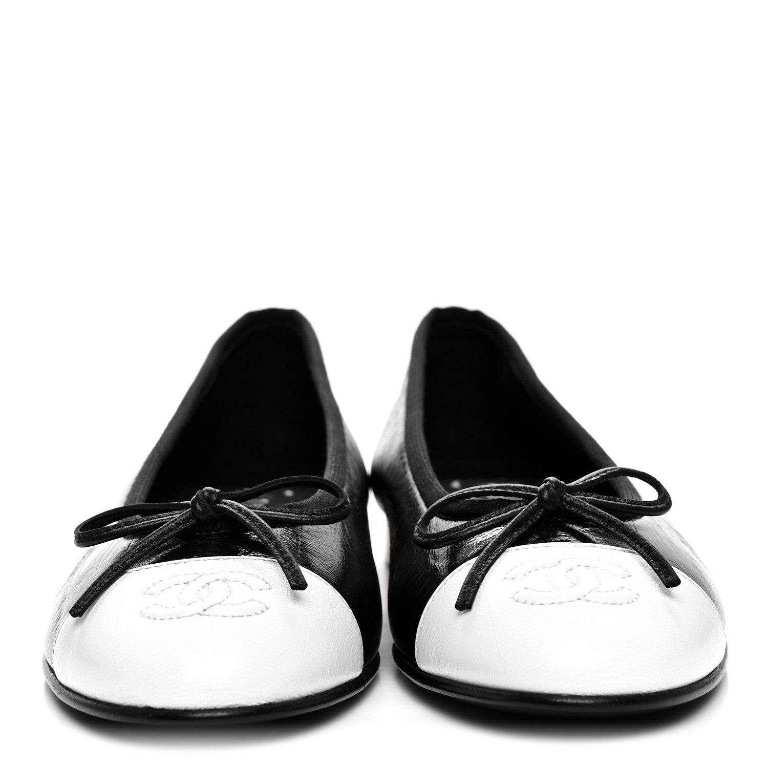 Chanel Crumpled Shiny Lambskin Cap Toe CC Ballerina Flats 36.5 Black White 3 of 9