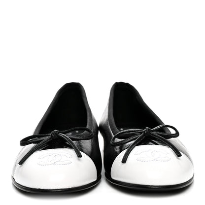 Chanel Crumpled Shiny Lambskin Cap Toe CC Ballerina Flats 36.5 Black White 3 of 9