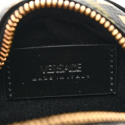 Versace Coated Canvas Calfskin La Greca Round Zip Pouch Black Khaki 6 of 7