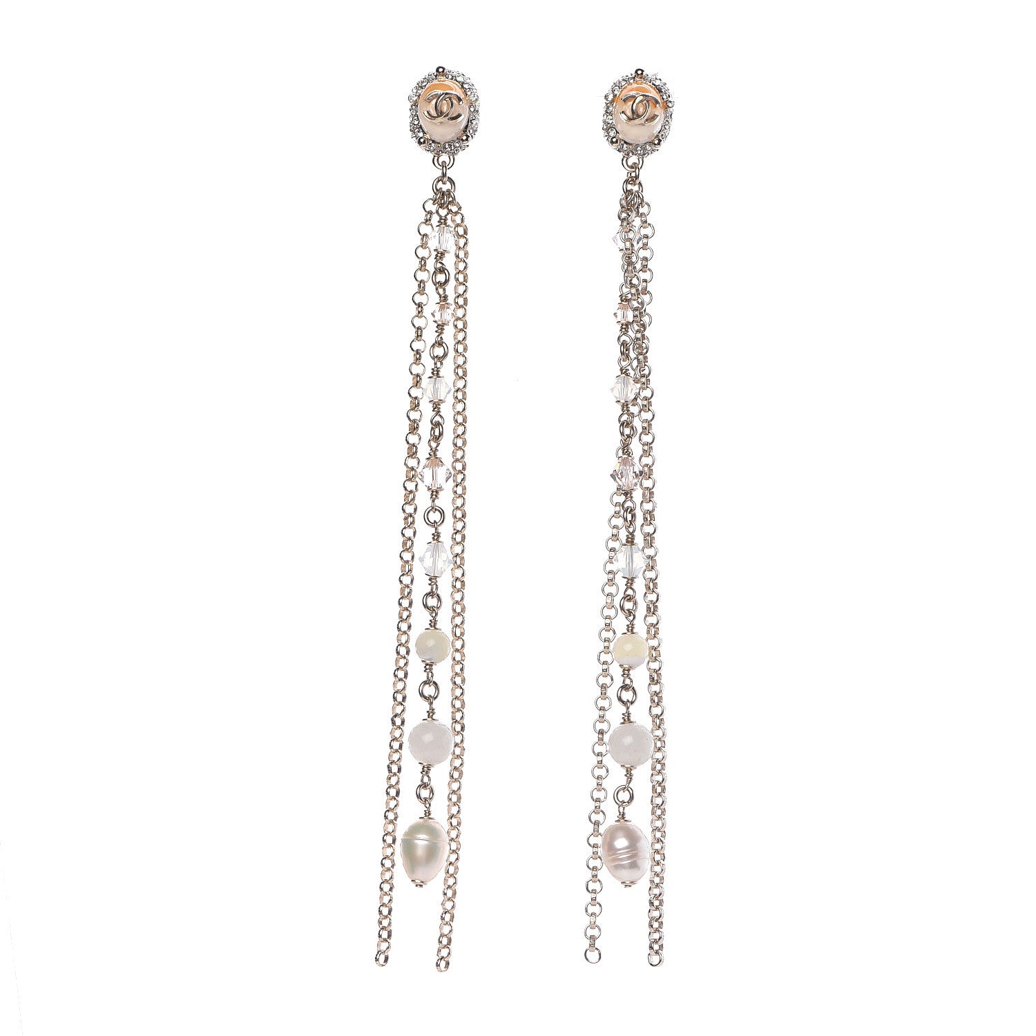 Chanel Pearl Crystal CC Dangle Earrings Gold 1 of 5